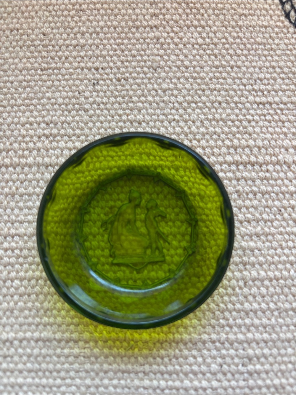 Bohemian Czech Schlevogt Art Deco Uranium Green Dish - Diana with Cupid Cut Art